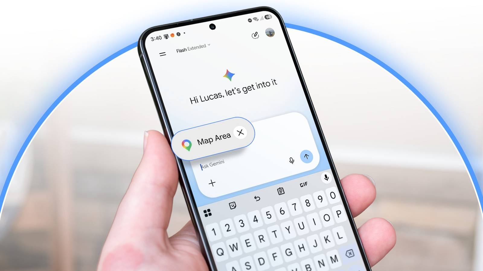 Hand holding a phone with a Google Maps area attached to a Gemini prompt.