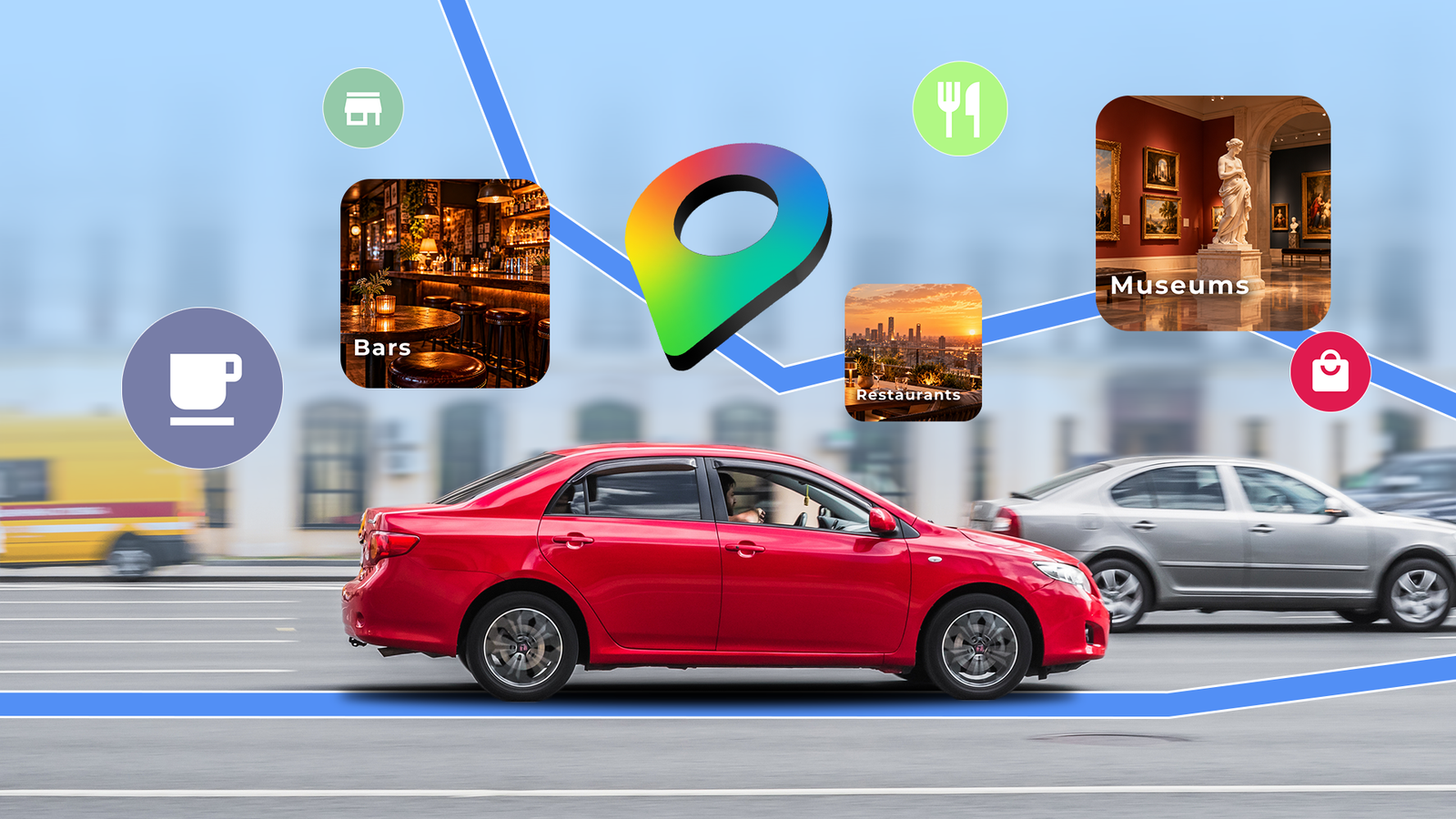 Google Maps highlighting nearby bars, restaurants, museums, and other places to explore.