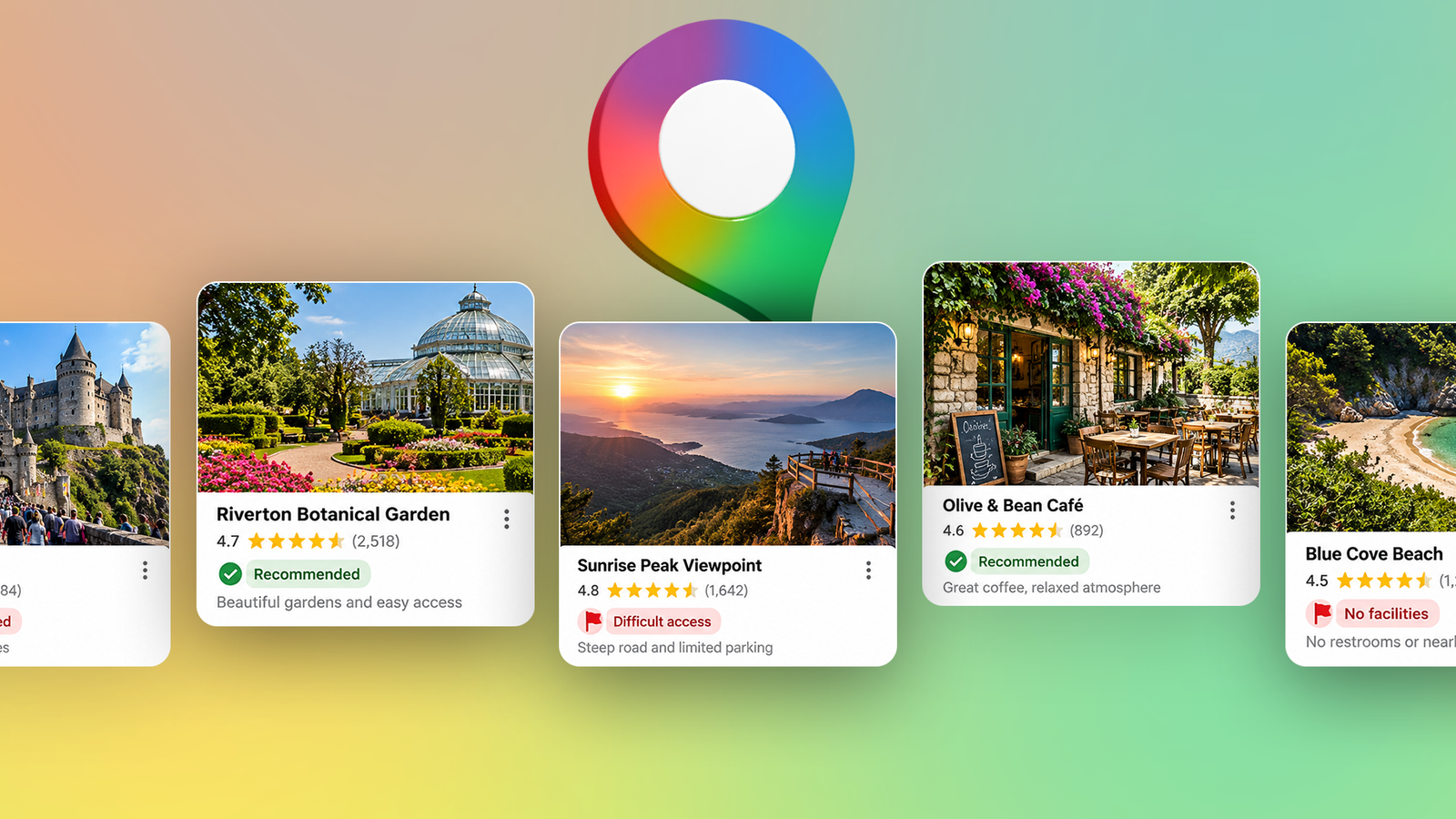 Google Maps location pin above five place cards showing ratings, recommendations, and warning flags.