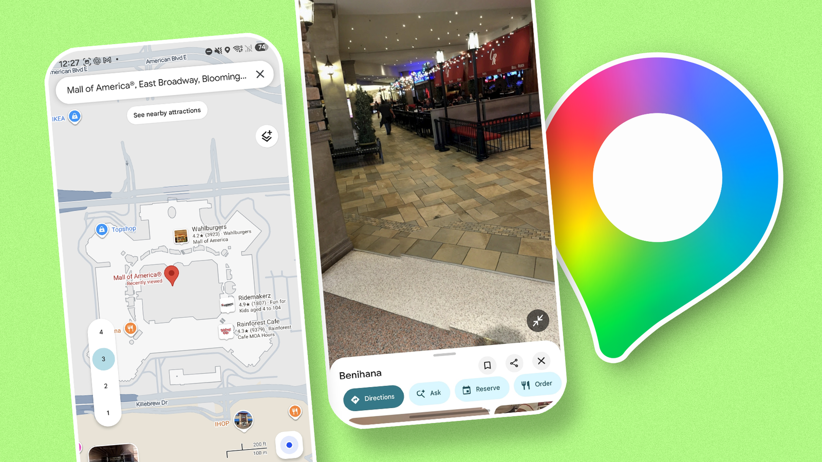 Google Maps showing a mall's indoor floor plan and a 360-degree view, alongside the Google Maps logo.