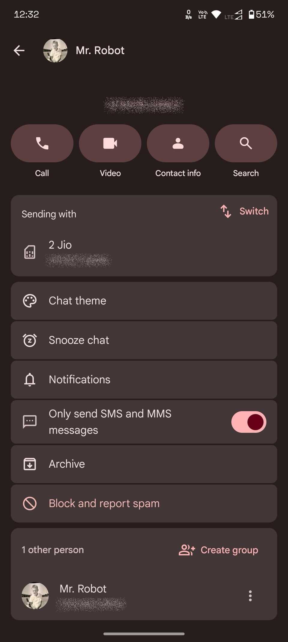 Screenshot showing "Only send SMS and MMS messages" toggle in Google Messages