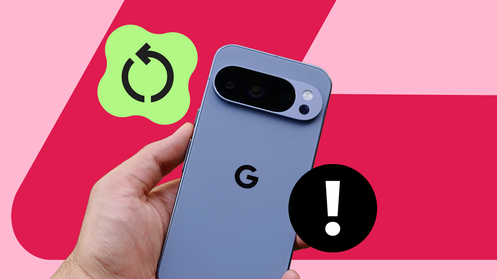 Google Pixel 10 Pro with restart and warning icons.