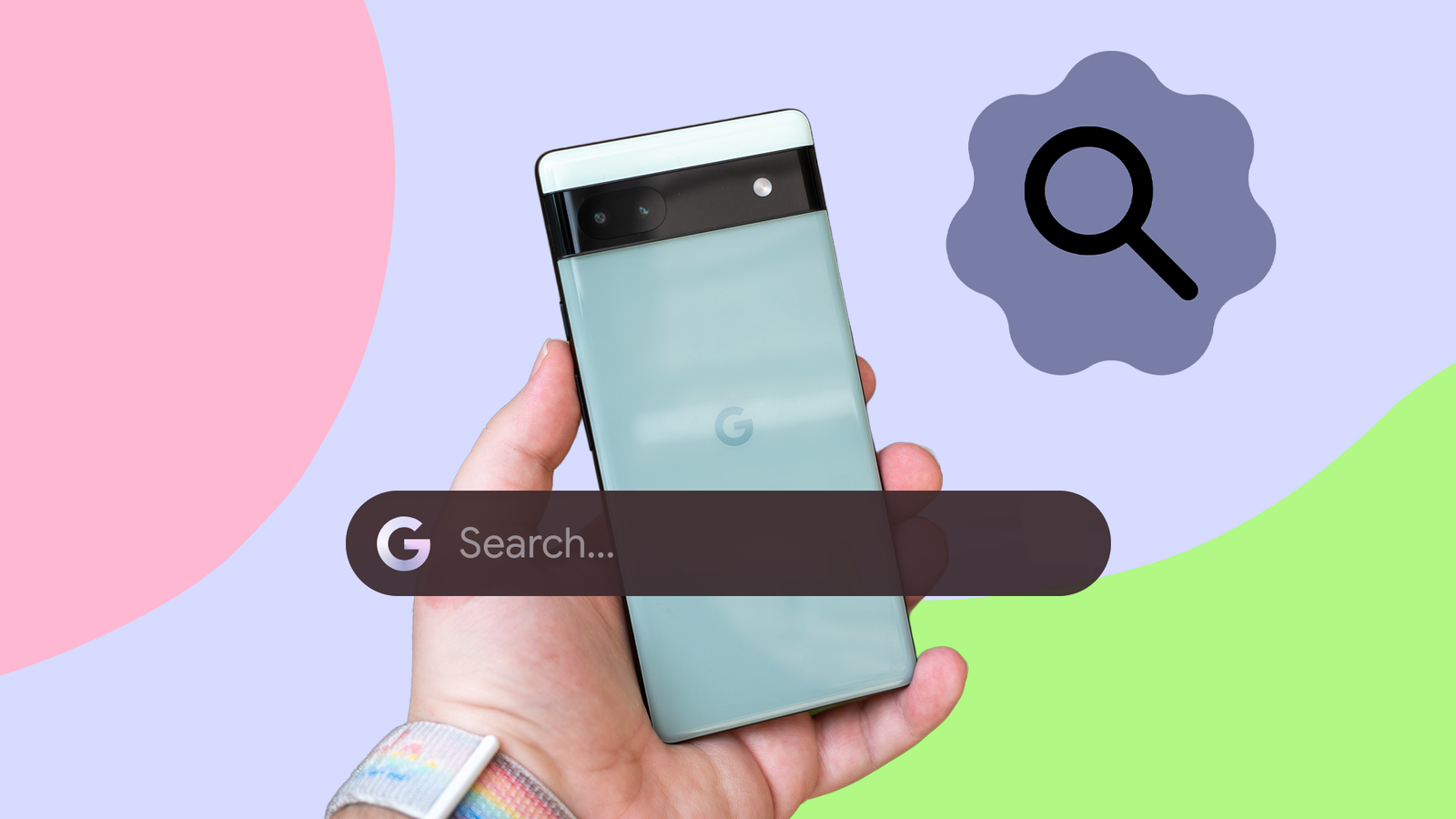 Google Pixel 6a with a search bar and search icon.