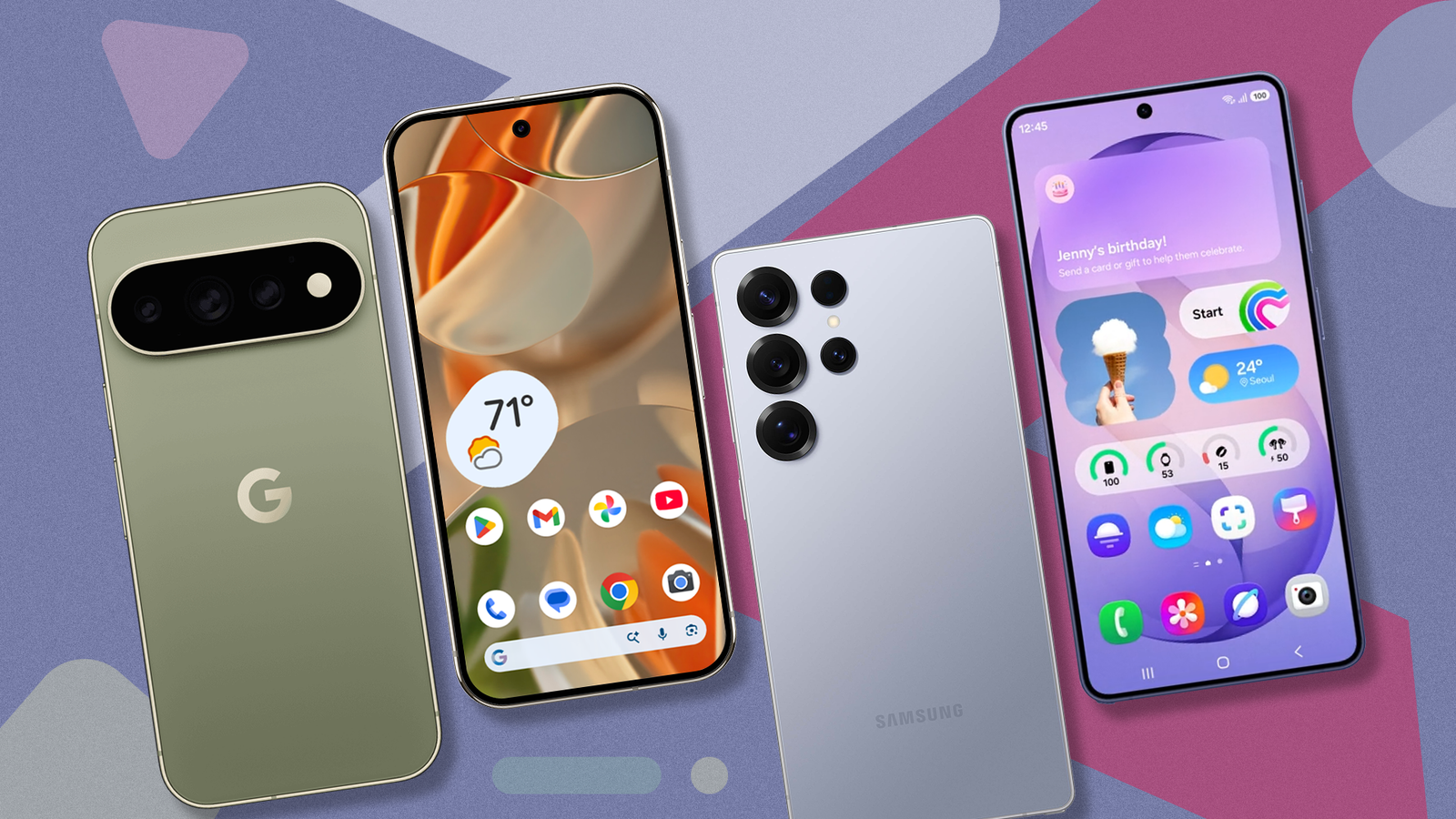 Google Pixel and Samsung Galaxy smartphones side by side on a colorful geometric background.