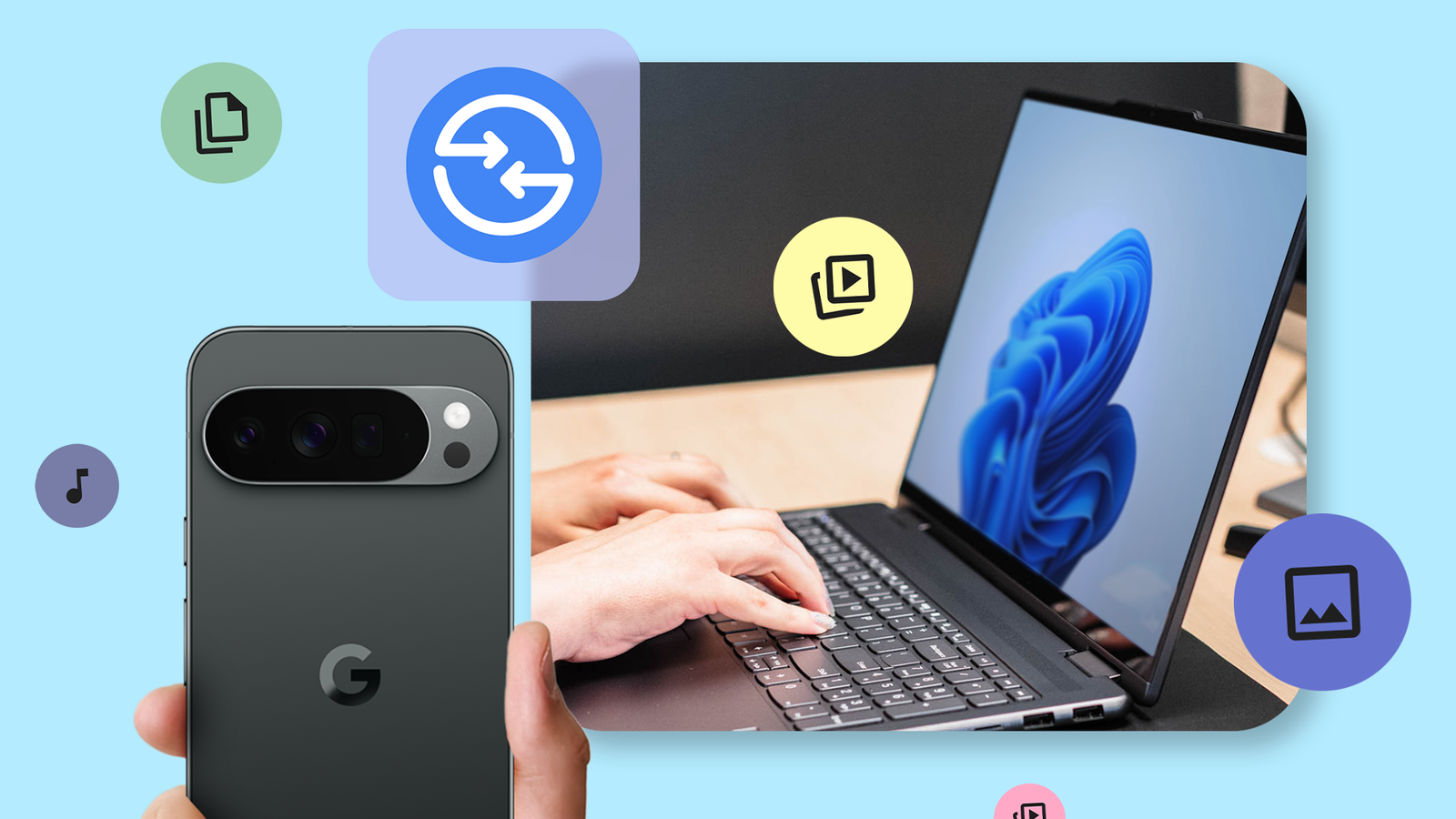 Google Pixel and Windows laptop with Quick Share and floating file icons on a light blue background