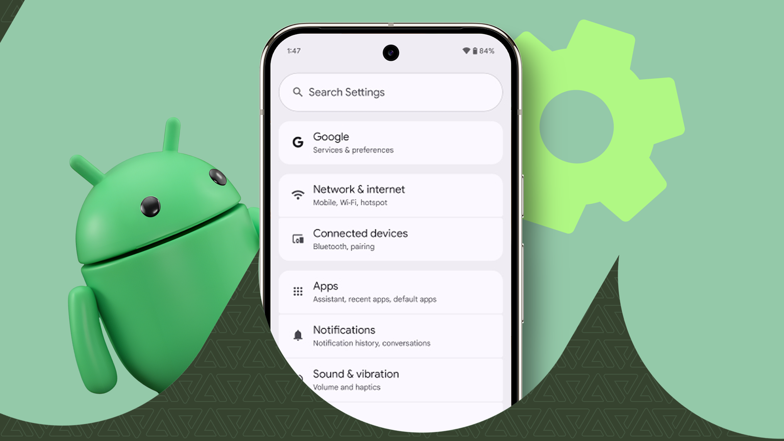 Google Pixel displaying Android Settings, alongside the Android mascot and a gear icon on a green background.