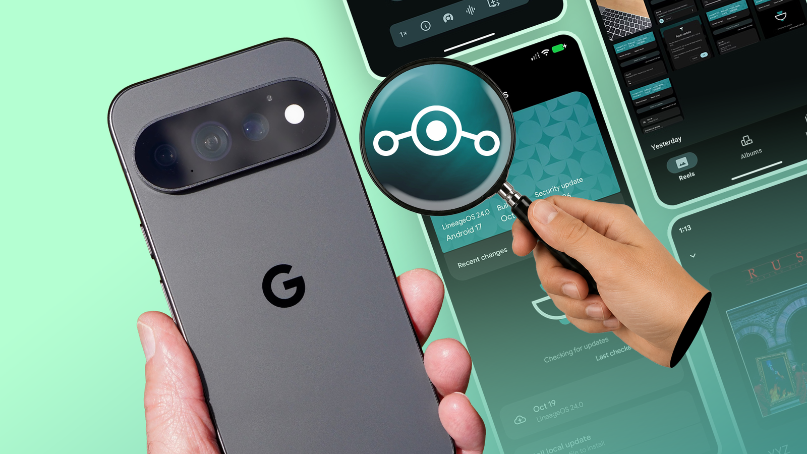 Google Pixel phone with a magnifying glass highlighting the LineageOS logo, surrounded by screenshots of its features.