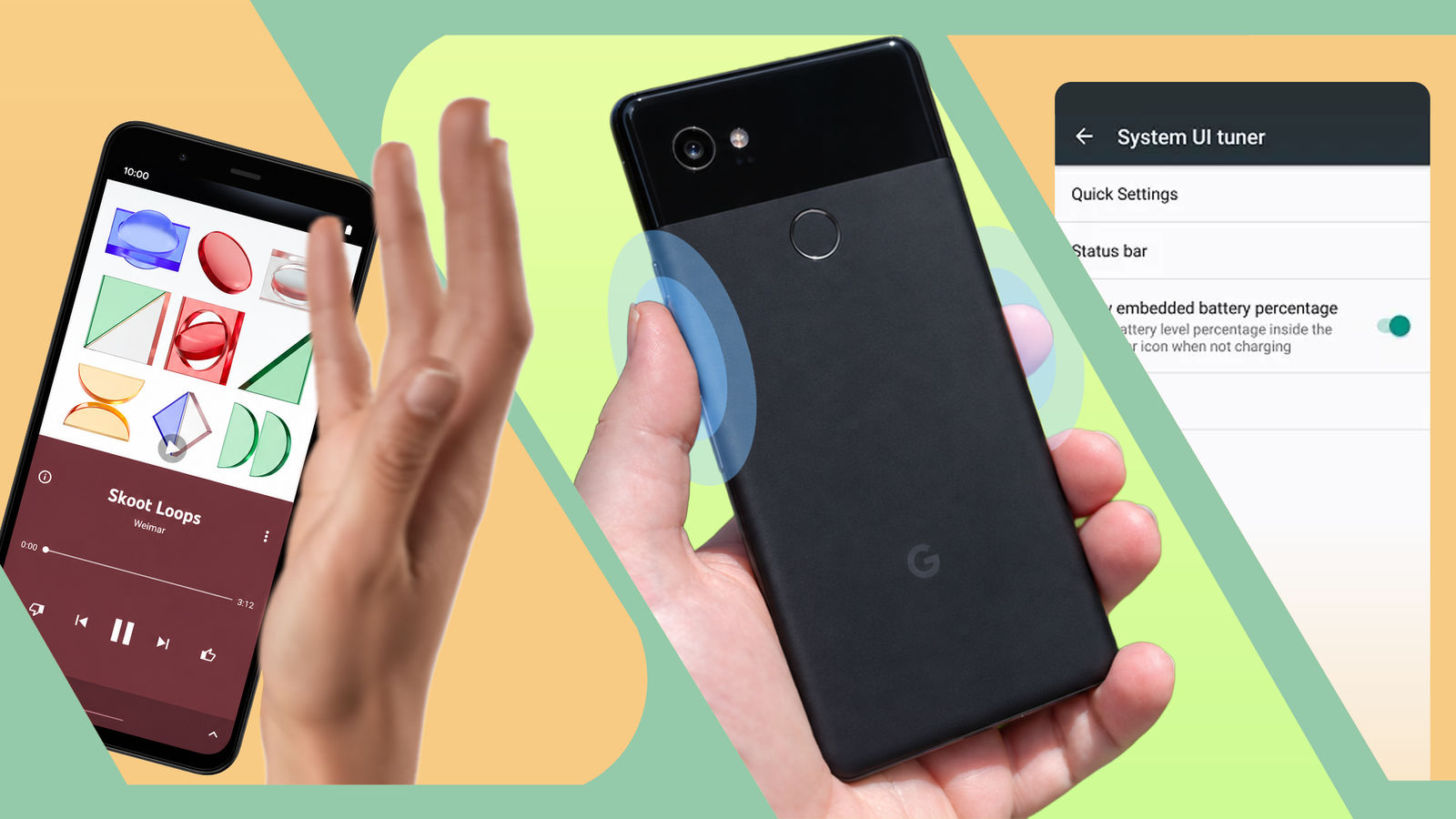 Google Pixel phones showing Motion Sense, Active Edge, and System UI Tuner.