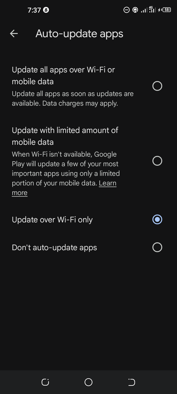Google Play Store auto-update apps dialog listing connection preferences including Wi-Fi only