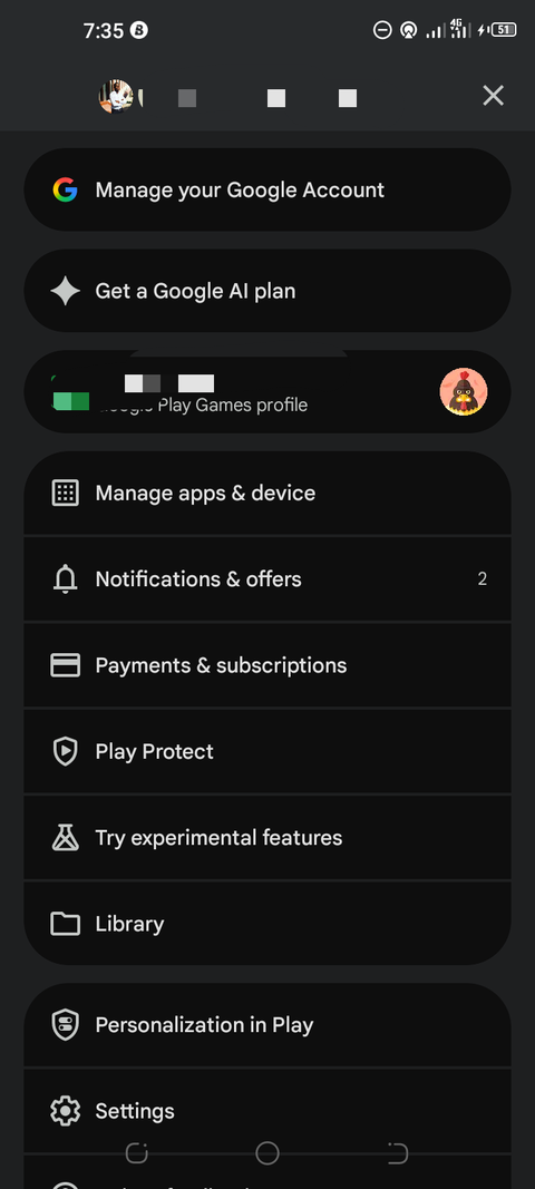 Google Play account slide-out menu showing settings and manage apps options