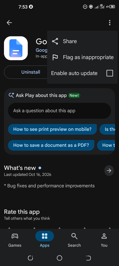 Image showing overflow menu with unchecked enable auto update option for Google Docs