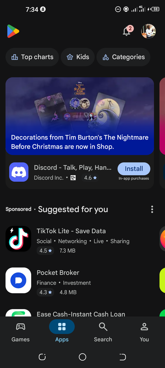 Google Play Store home screen displaying featured apps and top search bar on Android