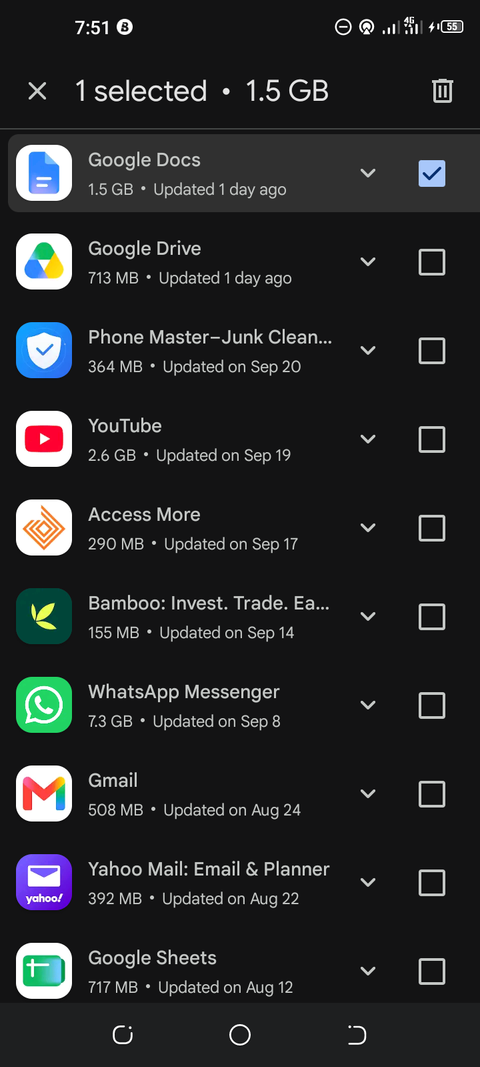 Google Play Store installed apps management menu showing storage size and update history for selected applications to switch auto update feature