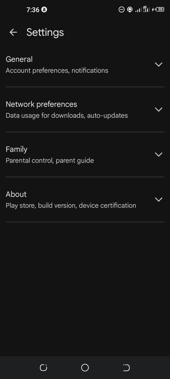 Google Play settings menu screen showing general network preferences and family sections