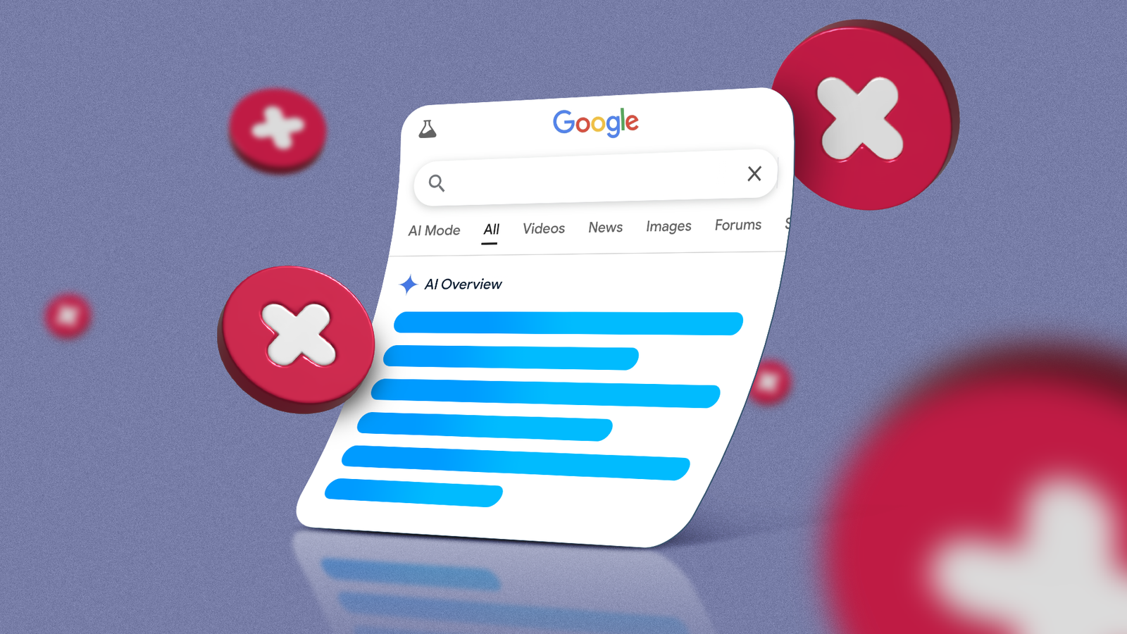 Google Search AI Overview surrounded by red X icons on a purple background.