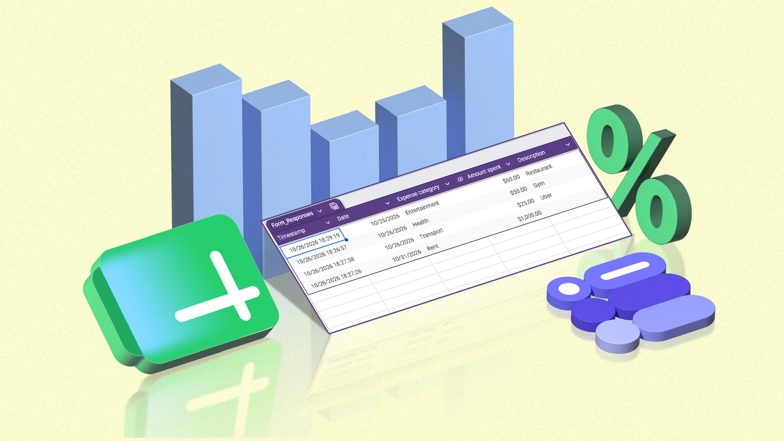 Google Sheets expense tracker with a spreadsheet, bar chart, percentage symbol, and financial icons