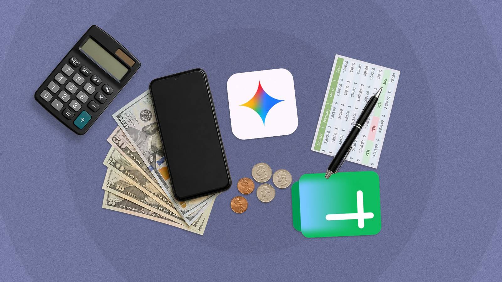 Google Sheets and Gemini logos alongside a smartphone, calculator, cash, and coins.