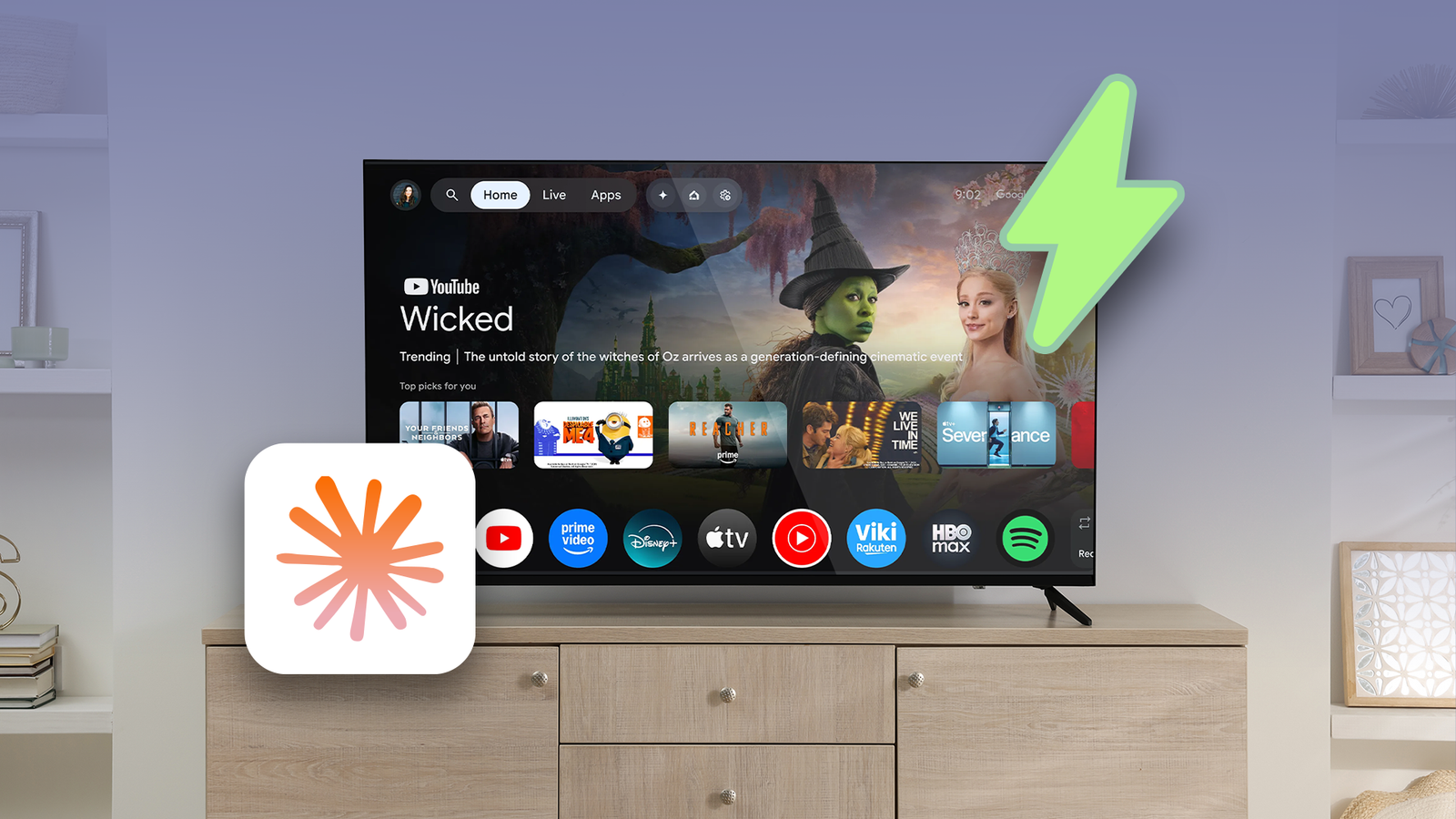Google TV screen with a Claude AI icon and a green lightning bolt.