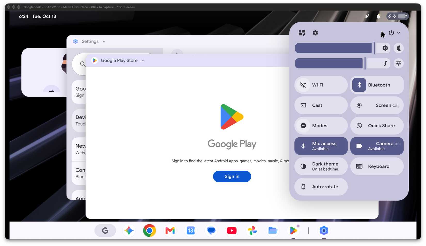 quick settings panel and Google Play Store on Googlebook OS