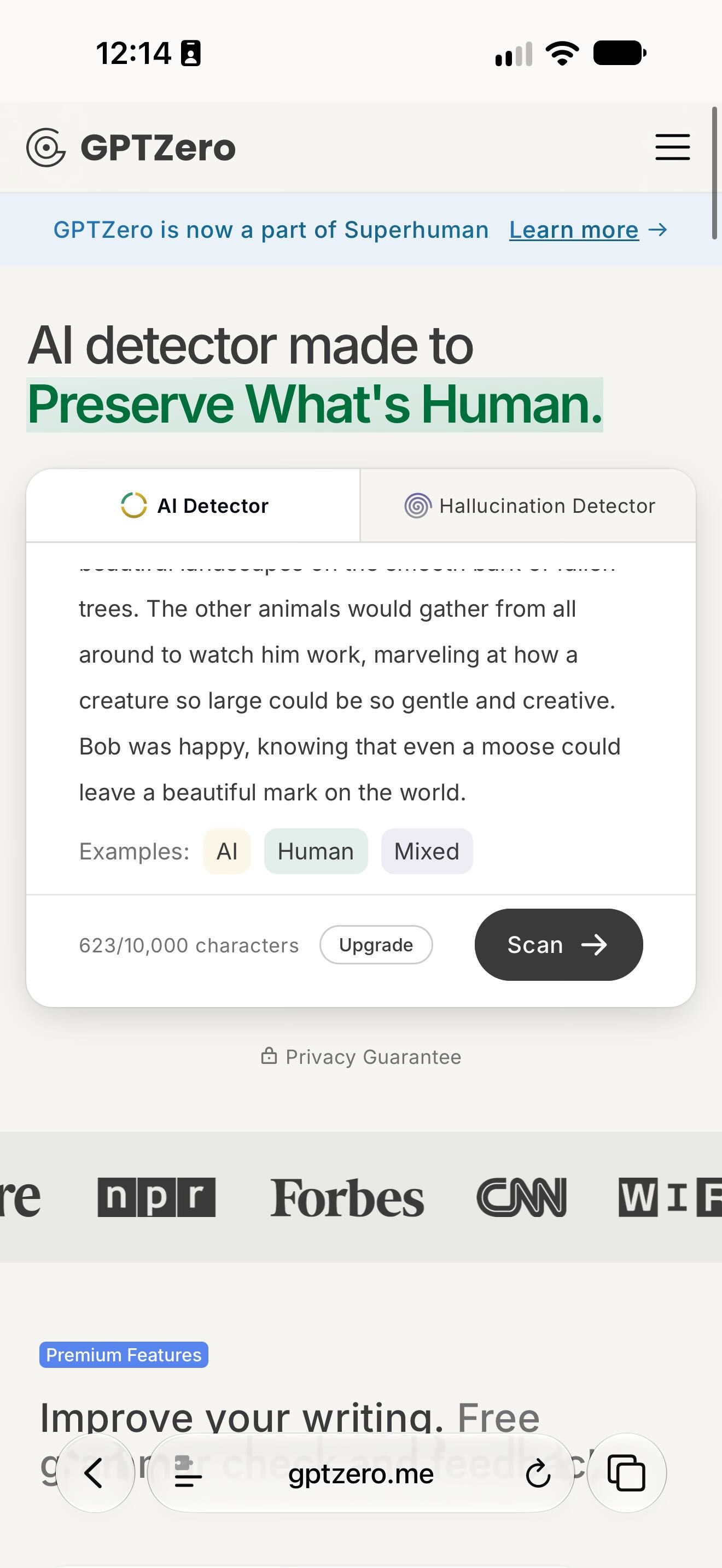 GPTZero website in a mobile browser