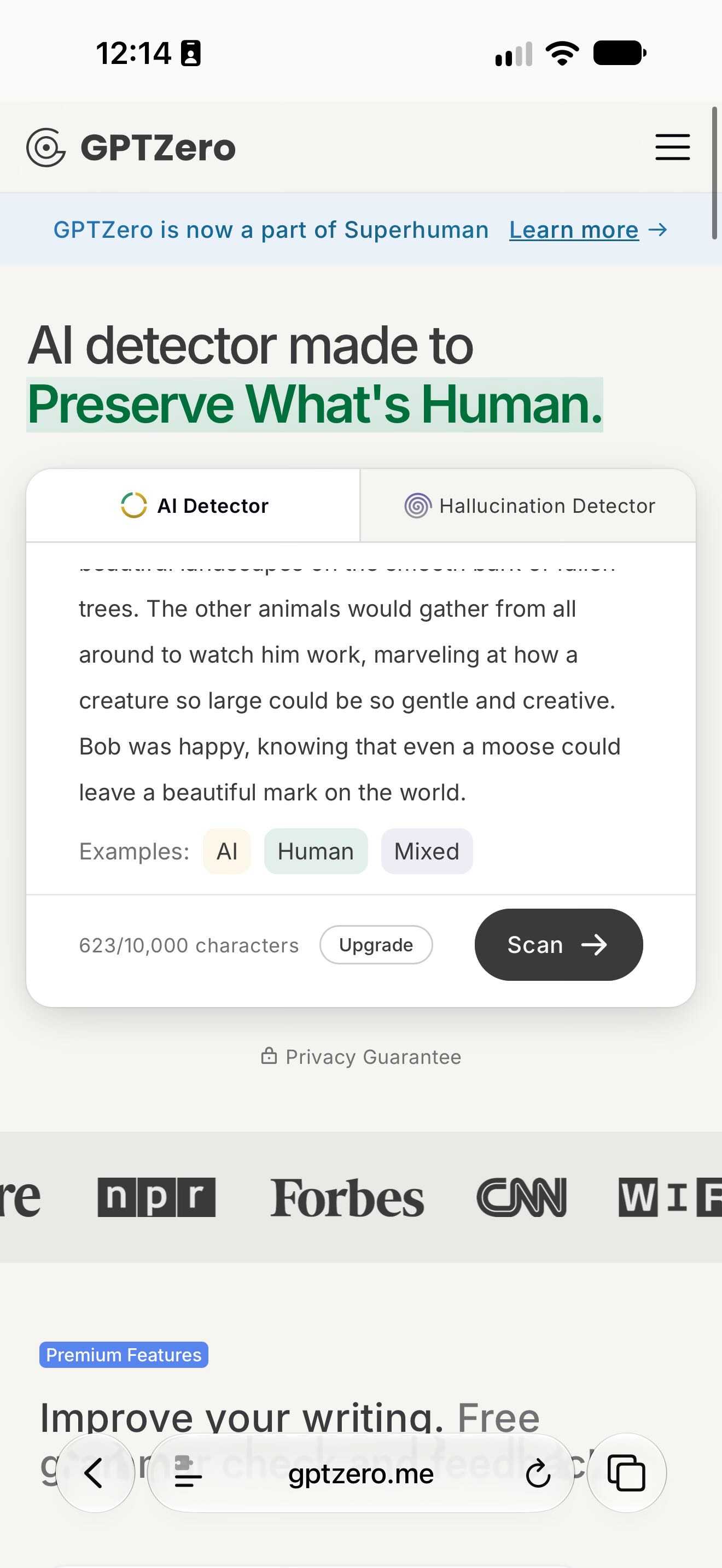 GPTZero website in a mobile browser