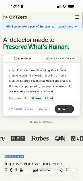 GPTZero website in a mobile browser