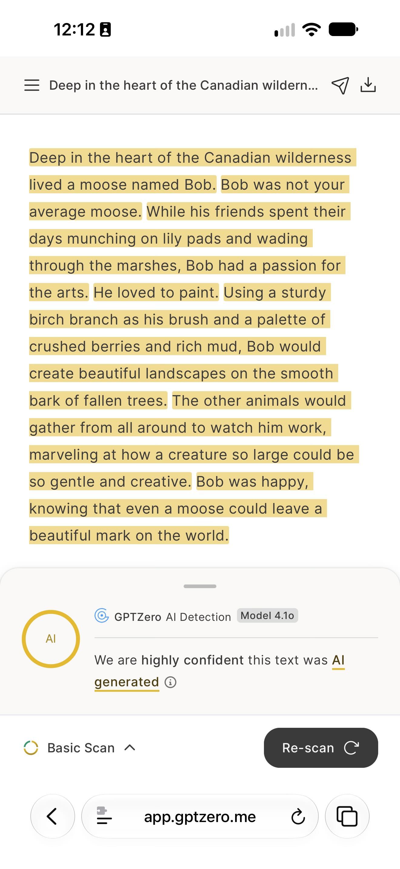 GPTZero website in a mobile browser identifying AI-generated text written by Siri.
