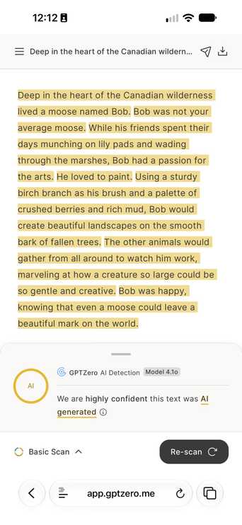 GPTZero website in a mobile browser identifying AI-generated text written by Siri.