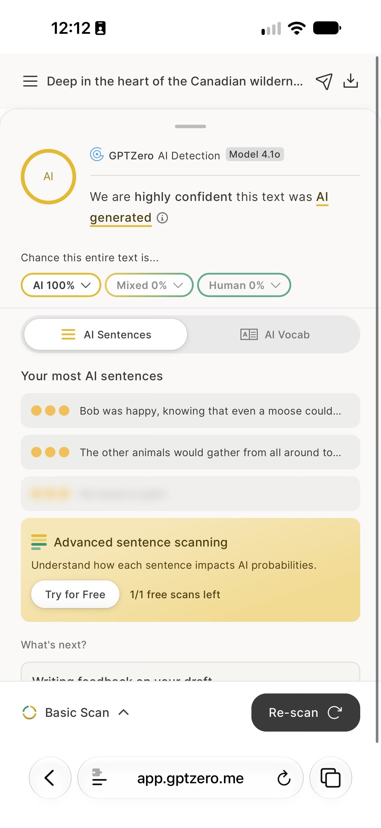 GPTZero website in a mobile browser identifying AI text written by Siri.