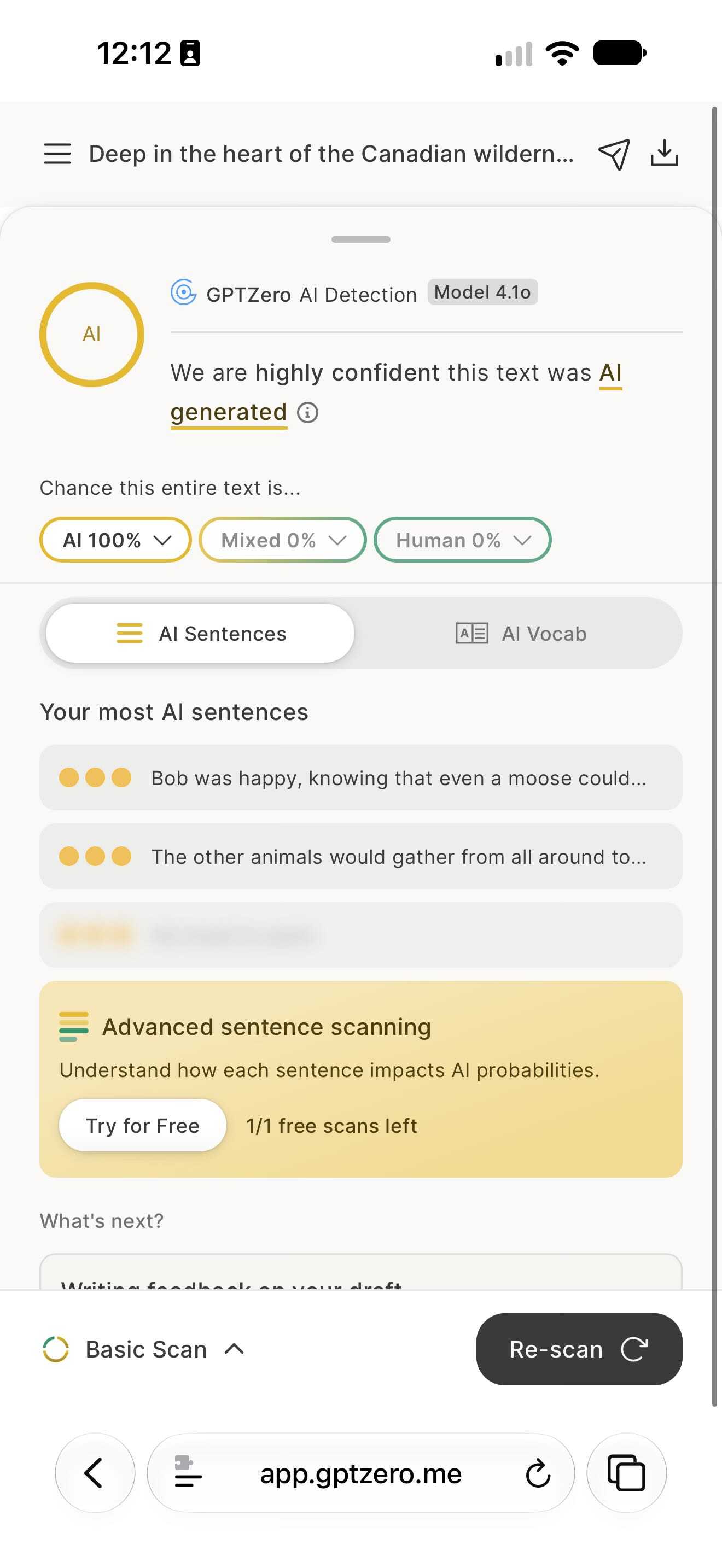 GPTZero website in a mobile browser identifying AI text written by Siri.