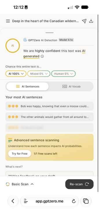 GPTZero website in a mobile browser identifying AI text written by Siri.