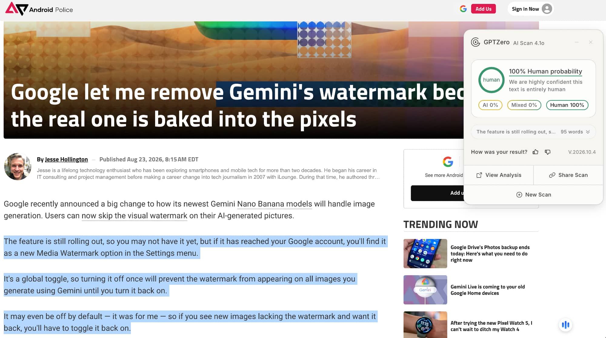 GPTZero Chrome extension identifying text as human written.
