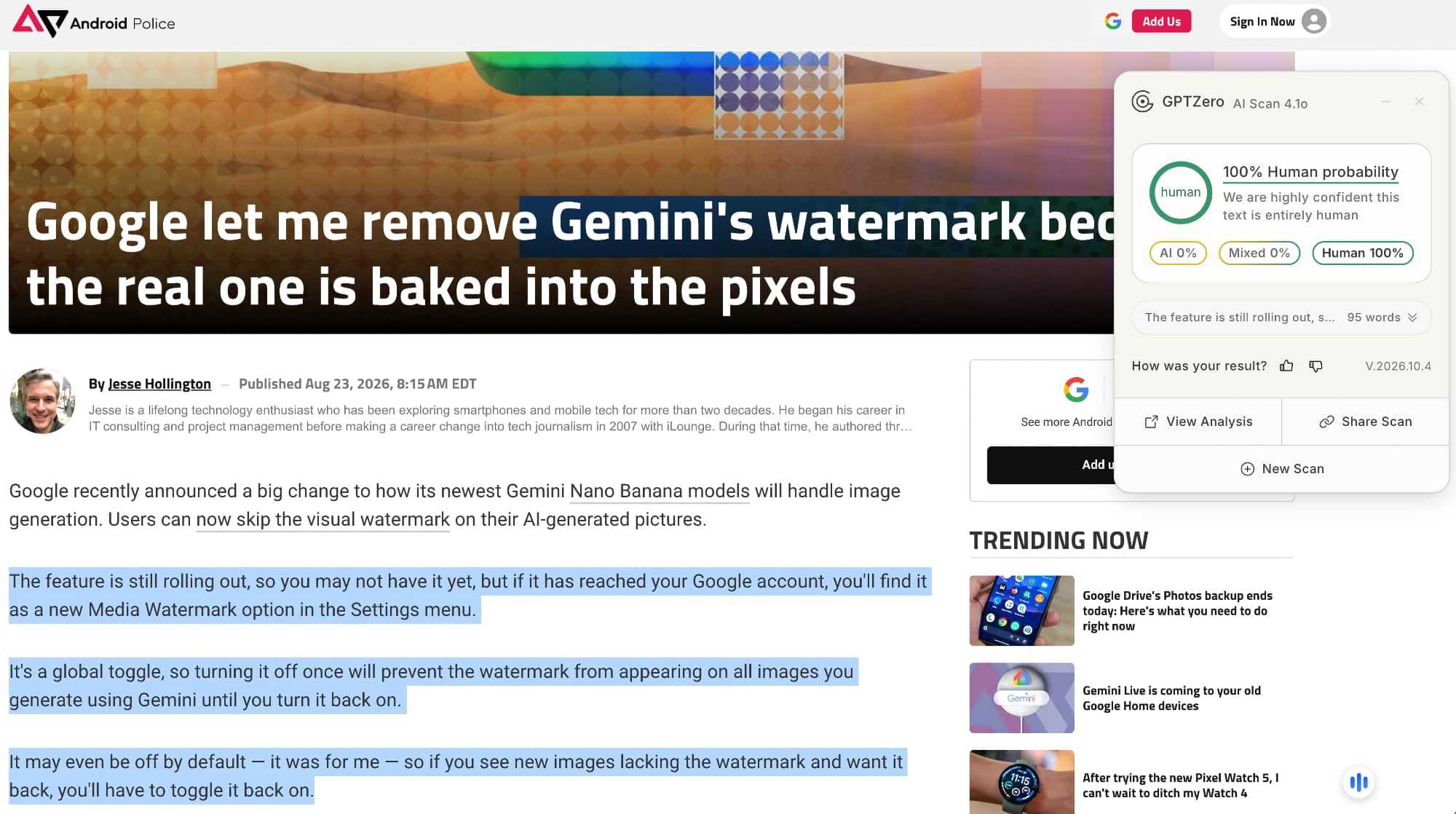 GPTZero Chrome extension identifying text as human written.