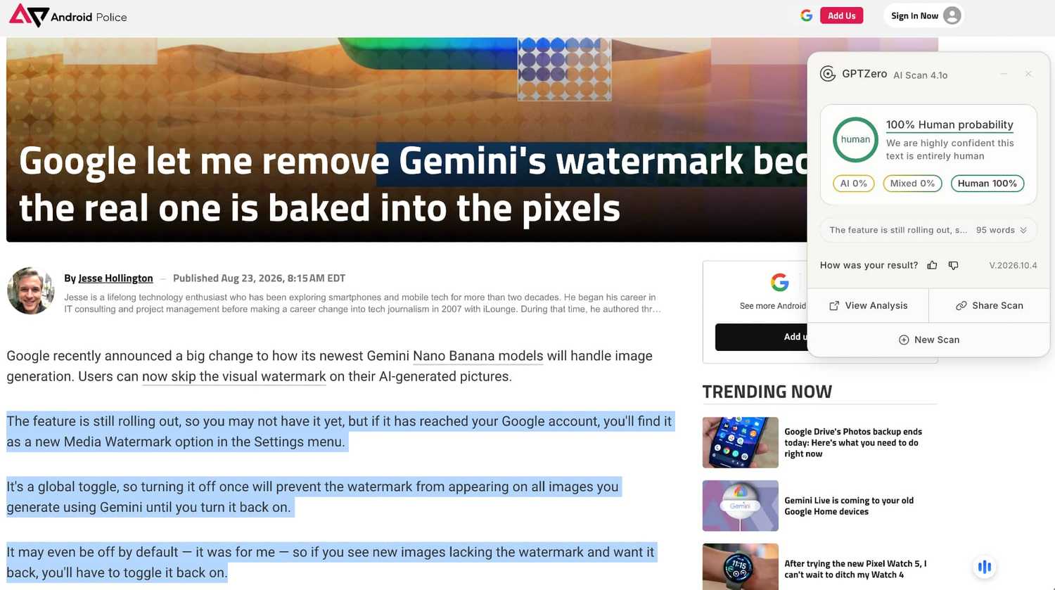 GPTZero Chrome extension identifying text as human written.