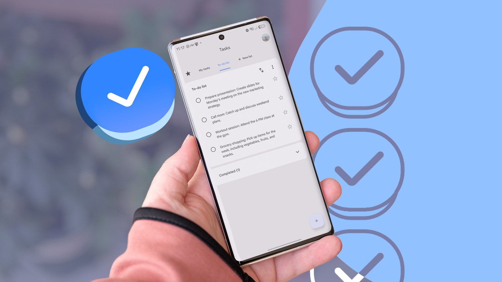 Hand holding a smartphone displaying Google Tasks, with floating checkmark icons in the background.