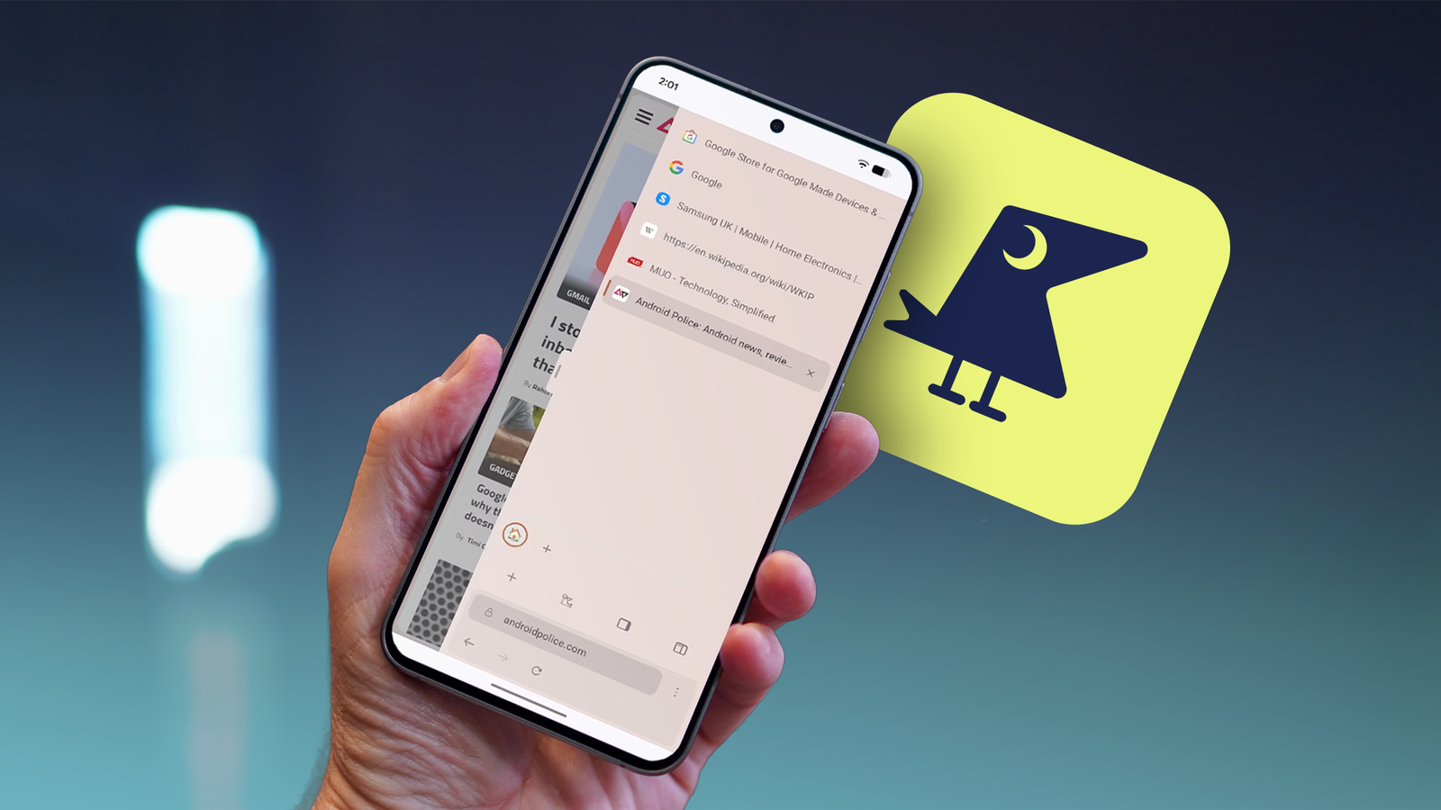 Hand holding a smartphone displaying Sideraven's vertical tabs, with the browser logo in the background.