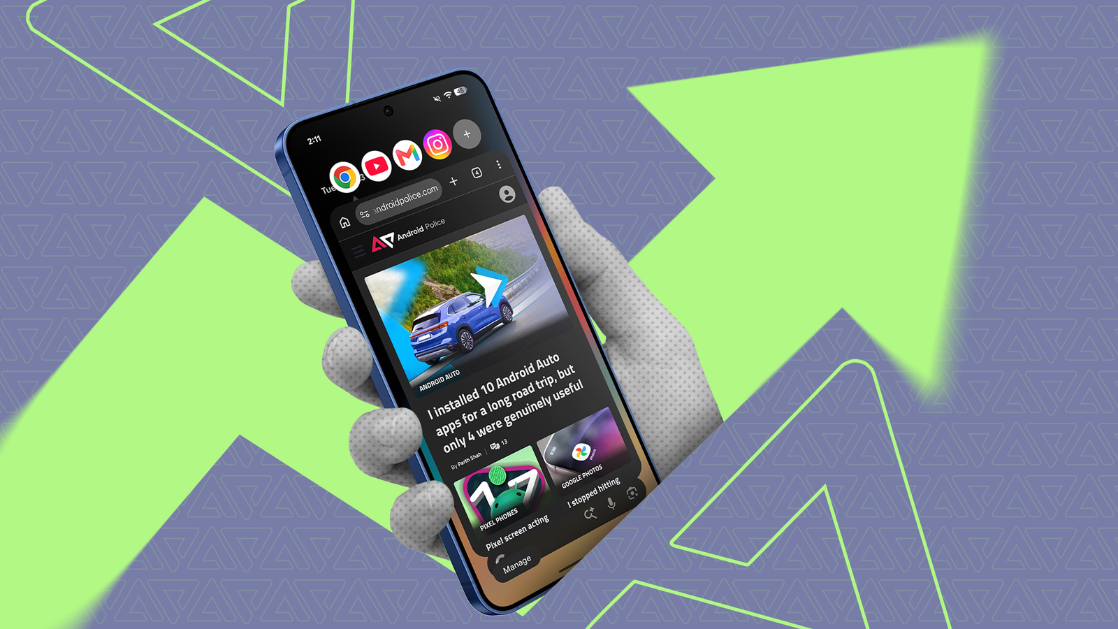 Hand holding an Android phone with app bubbles floating above the screen on a geometric background