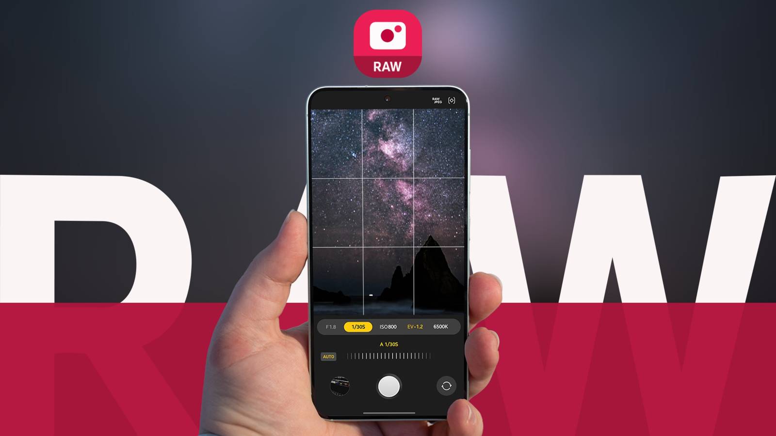 Hand holding a smartphone running Samsung Expert RAW, with the app icon above it
