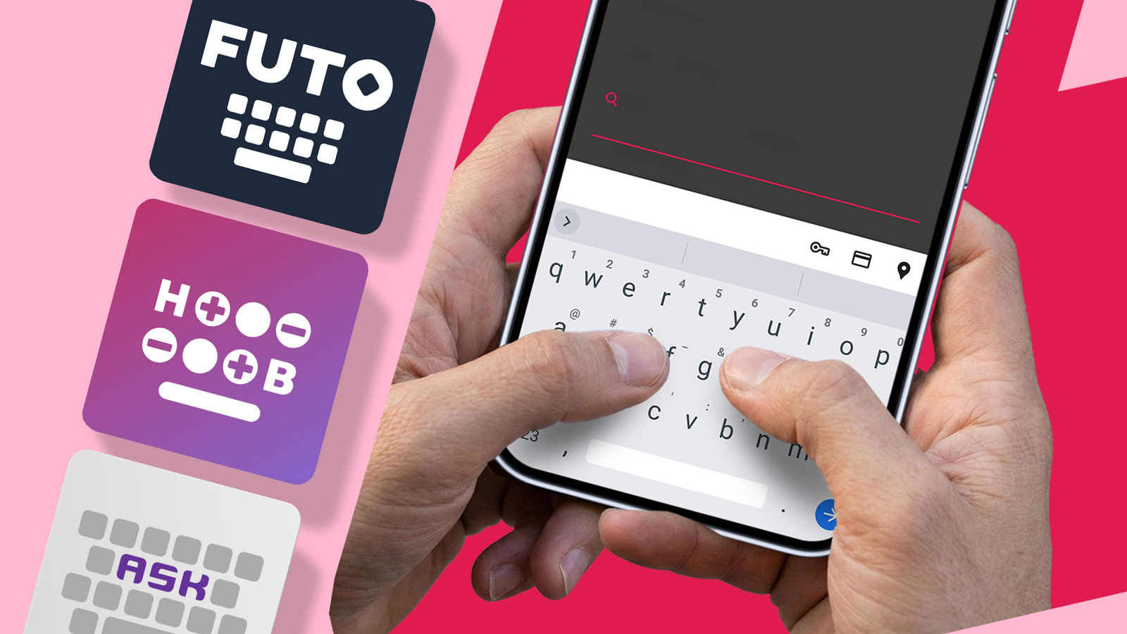 Hands typing on an Android phone with a FUTO keyboard, surrounded by alternative keyboard app icons.