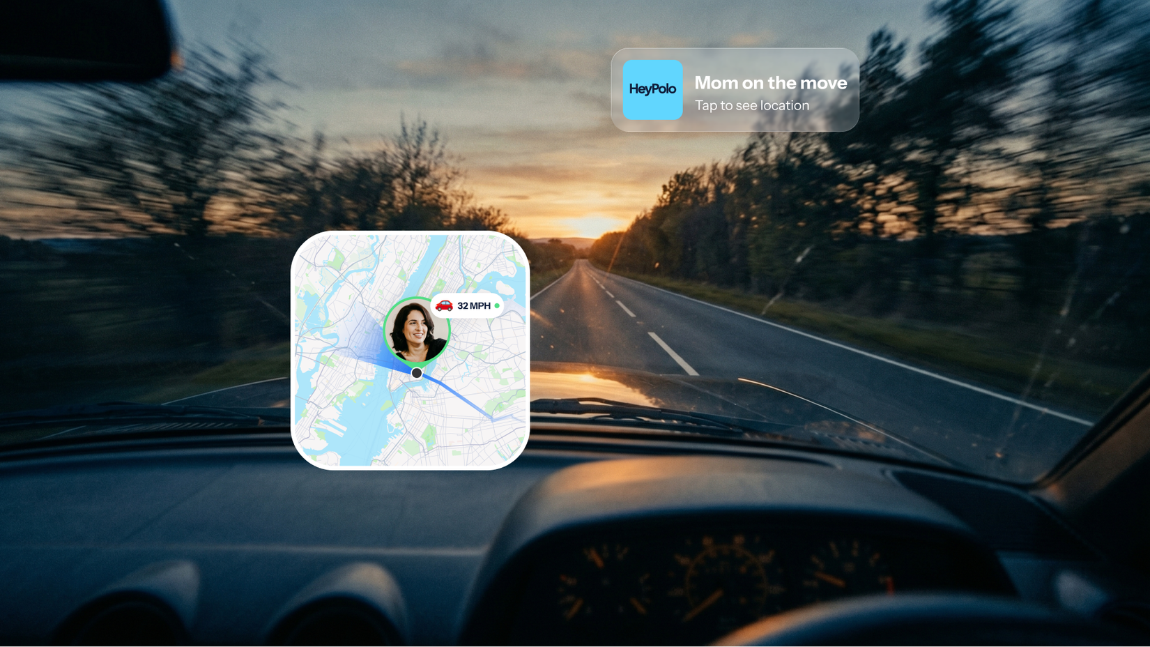Dashboard of car showing HeyPolo notification and GPS tracking.