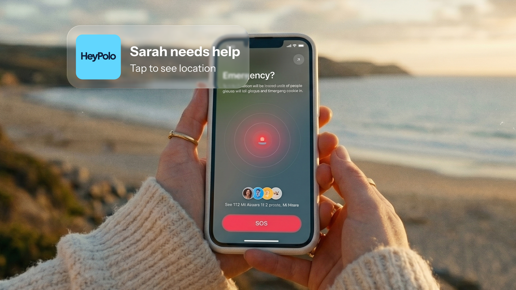 HeyPolo SOS screen on app in phone on person's hand.