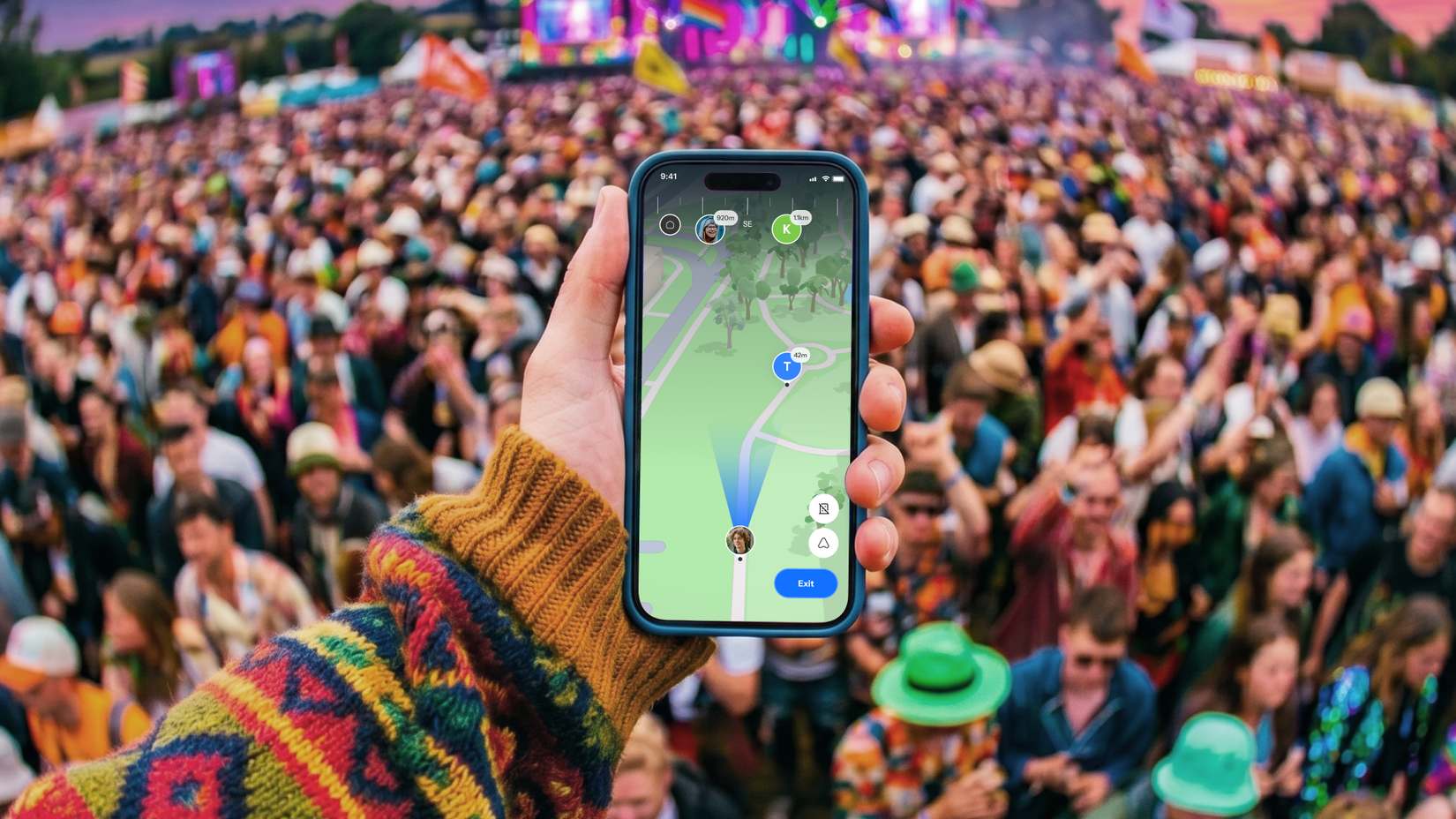 HeyPolo location sharing app on a phone over a crowd at an event.