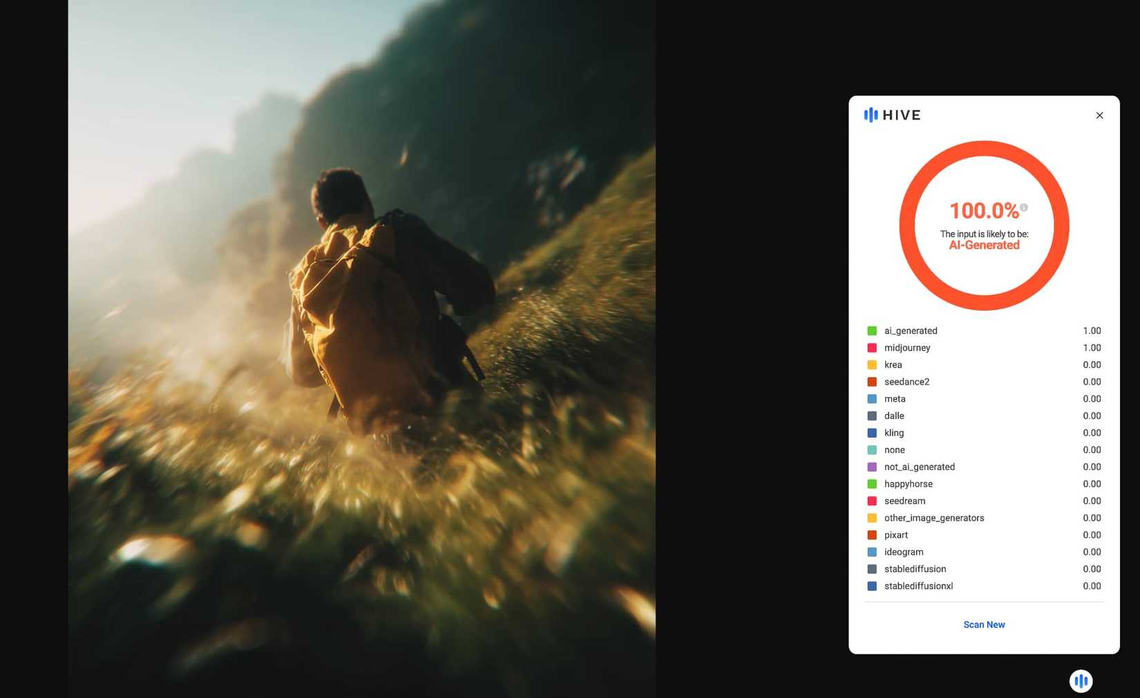The Hive chrome extension identifying an AI image generated with Midjourney.