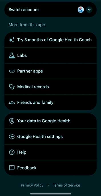Google Health settings menu showing different options