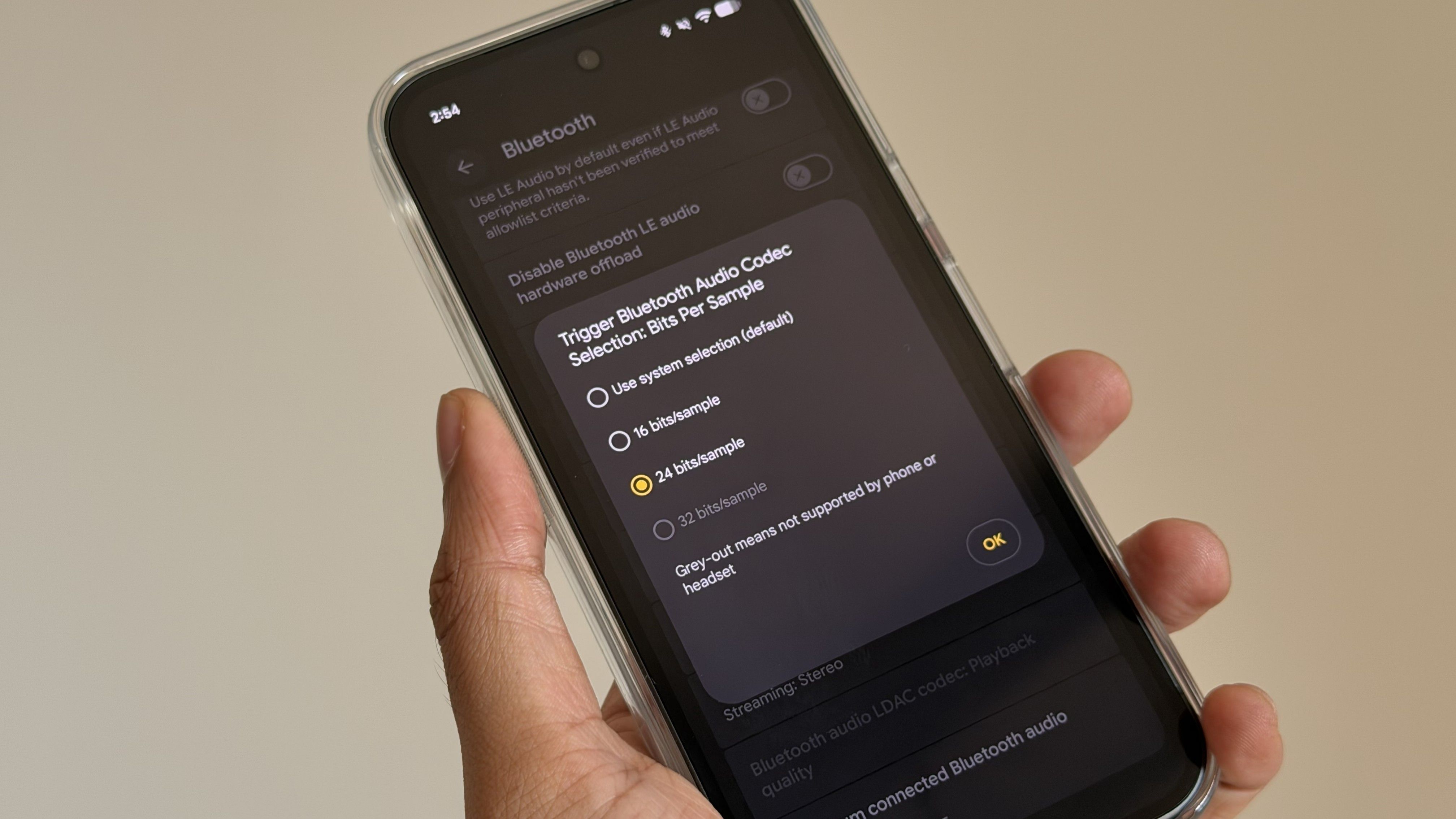 Developer settings for Bluetooth codec on Google Pixel 11 