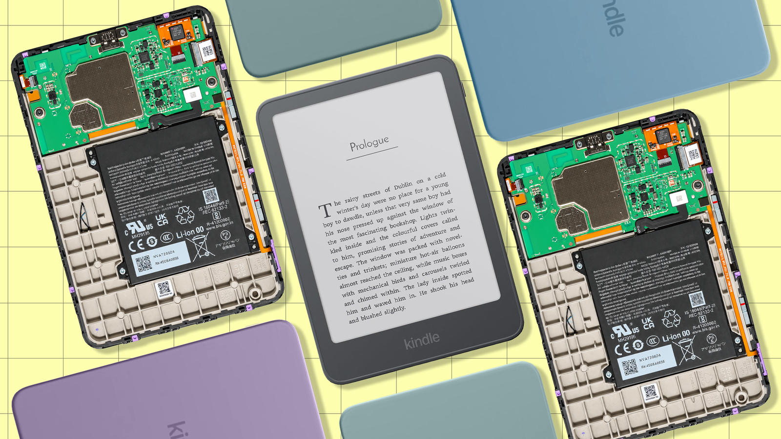 Kindle e-readers with removable back covers showing their internal batteries on a yellow background.
