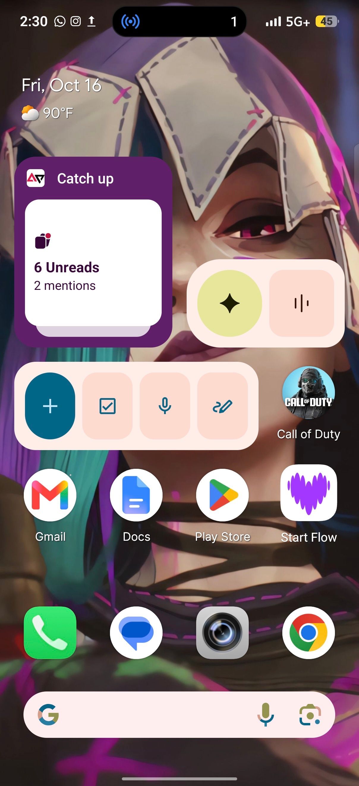 Android home screen displaying productivity widgets and app icons