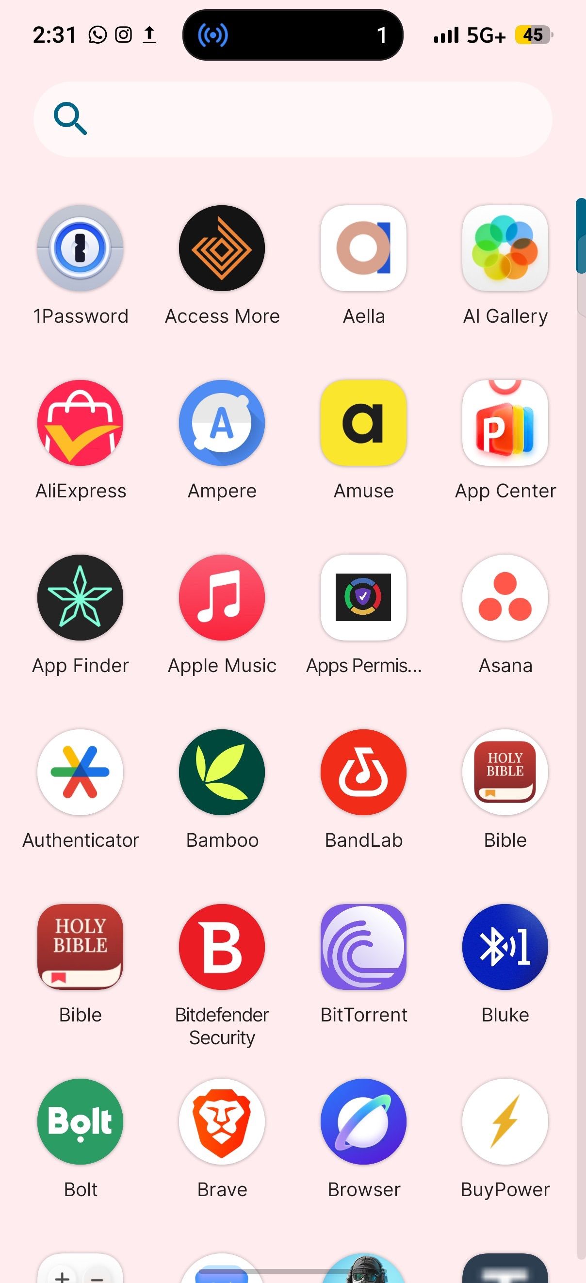 Vertical Android app drawer showing installed apps in alphabetical order