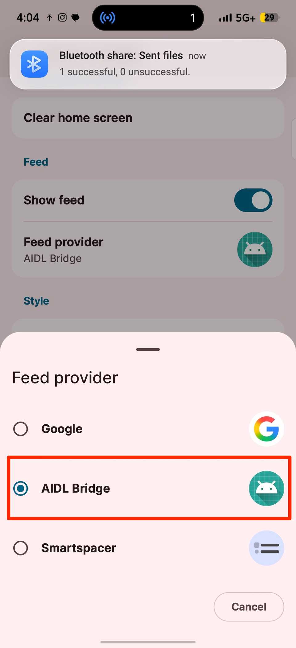 Red rectangle highlighting AIDL Bridge option in Lawnchair Feed provider picker