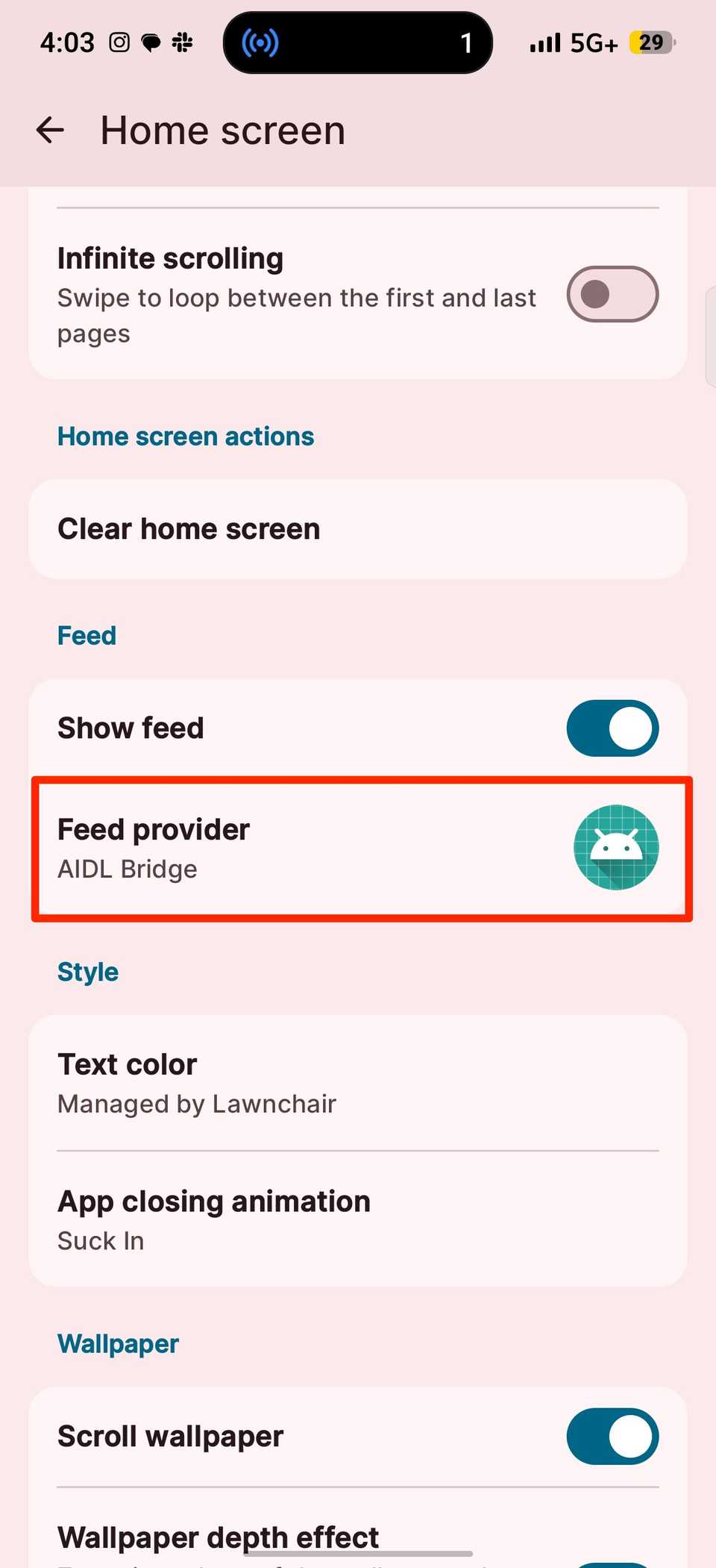Red rectangle highlighting Feed provider option in Lawnchair Home screen settings